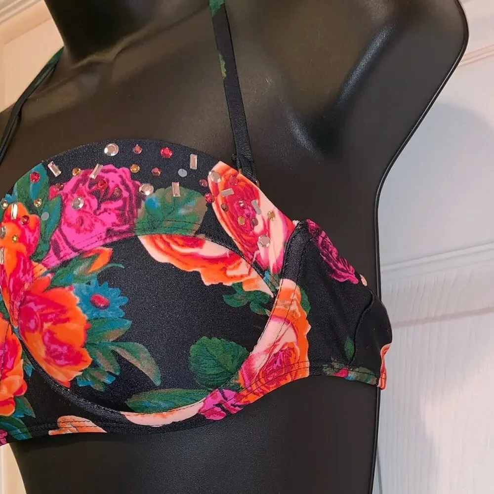 Endless Sun Medium Floral Bikini Top Black Multicolor Underwire Halter Swim
